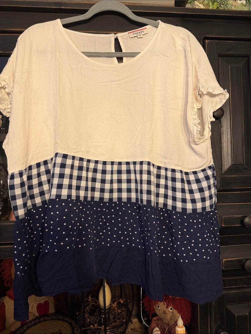 Andree Cream and Navy Mixed-Print Short Sleeve Tunic